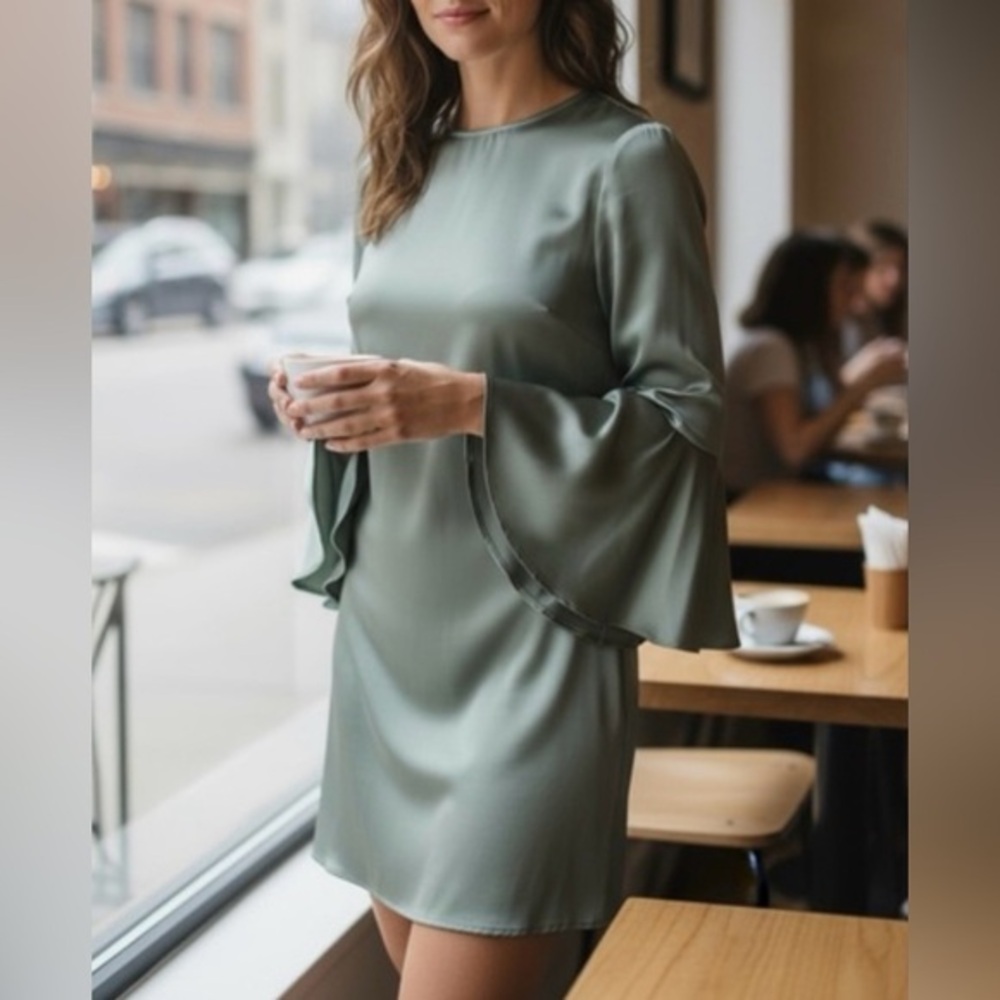 Alexis Pewter Textured Bell Sleeve Mini Dress Size Small Formal Cocktail Party